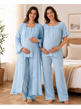 Effort Mavi Müslin Kumaş %100 Pamuk Hamile Lohusa Pijama Takımı Sabahlık 3084